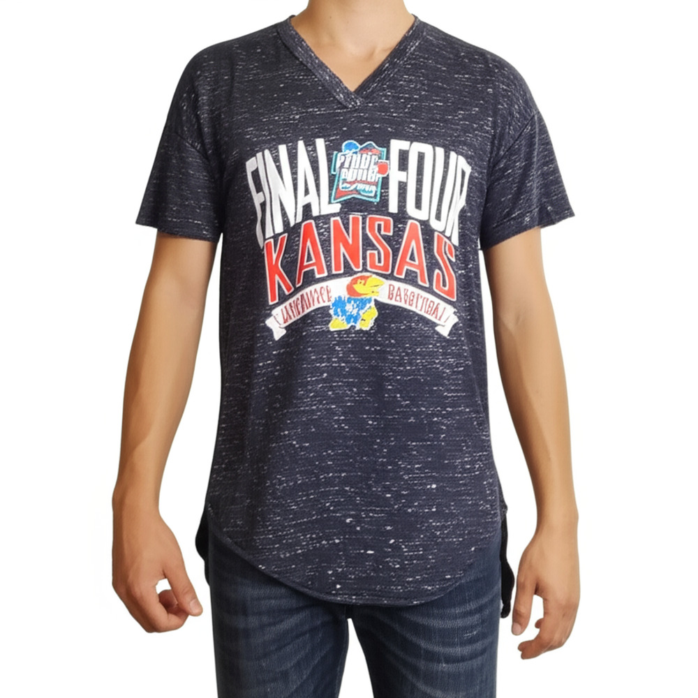 Blue 84 T-Shirt Dark Navy Heathered NCAA Final Four Kansas Jayhawks V-Neck LG‎
